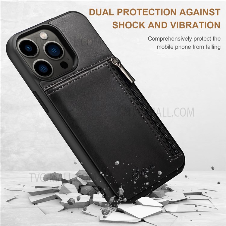 SUTENI 225 Series Shockproof Zippered Wallet Design TPU+Leather Hybrid Case Shell for iPhone 13 Pro 6.1 inch - Black-4