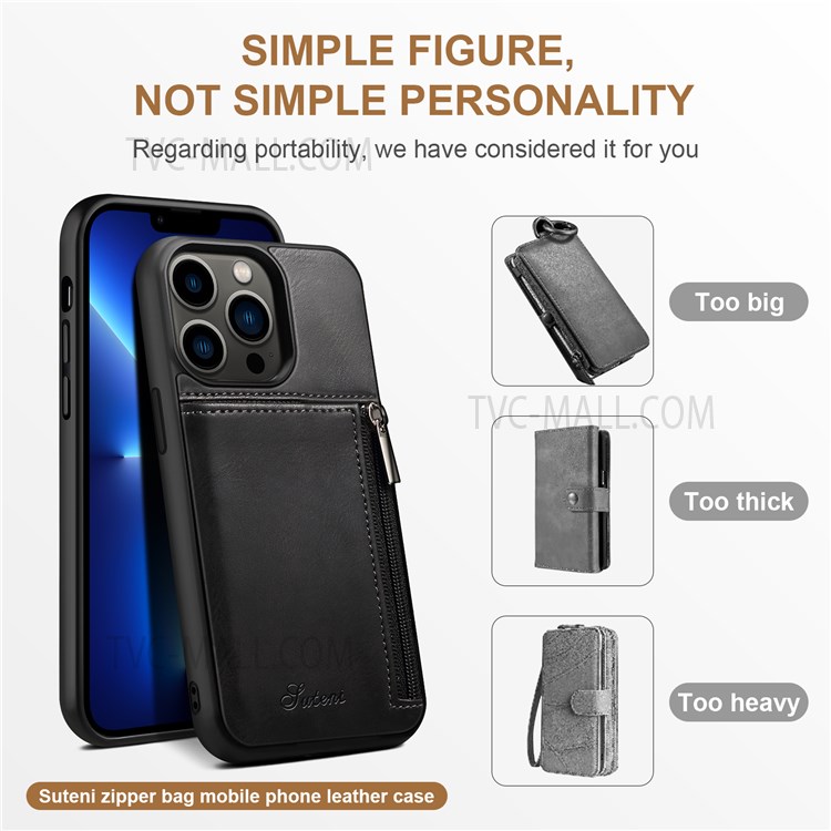 SUTENI 225 Series Shockproof Zippered Wallet Design TPU+Leather Hybrid Case Shell for iPhone 13 Pro 6.1 inch - Black-6