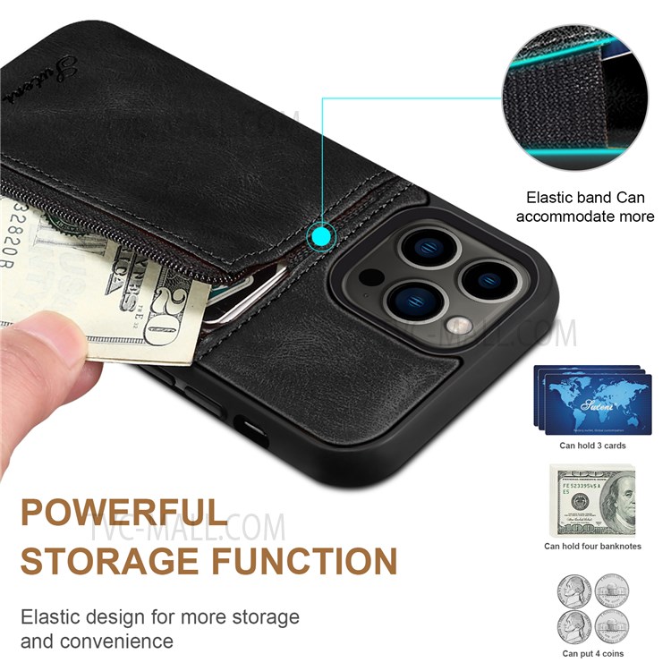 SUTENI 225 Series Shockproof Zippered Wallet Design TPU+Leather Hybrid Case Shell for iPhone 13 Pro 6.1 inch - Black-7