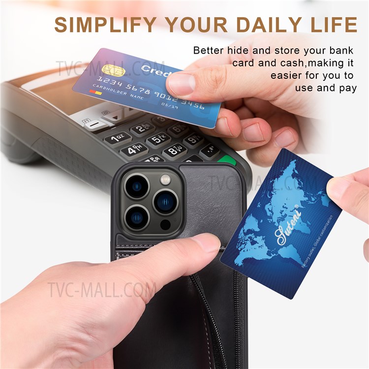 SUTENI 225 Series Shockproof Zippered Wallet Design TPU+Leather Hybrid Case Shell for iPhone 13 Pro 6.1 inch - Black-8