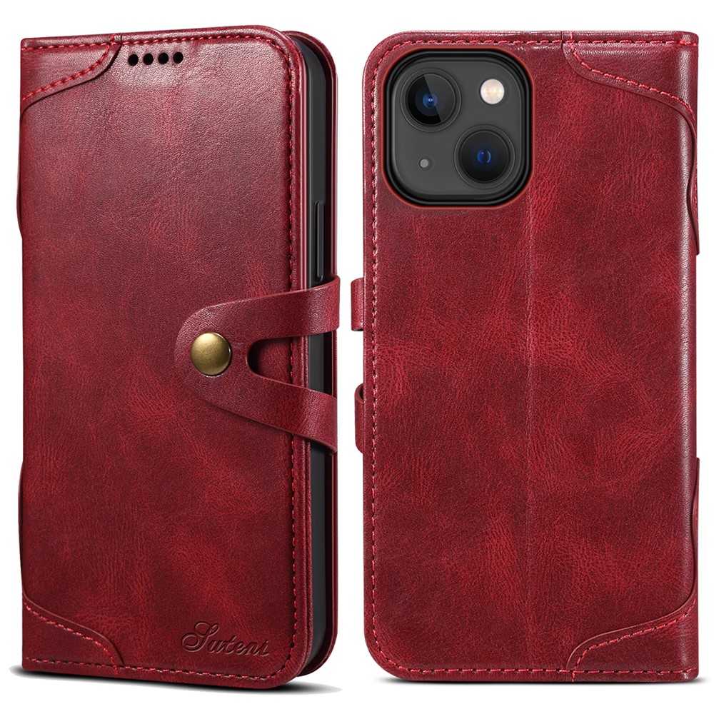 SUTENI 234 Series Solid Color Phone Case Button Closure TPU+PU Leather Wallet Flip Phone Cover for iPhone 13 mini 5.4 inch - Red