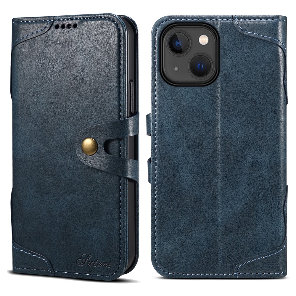 SUTENI 234 Series Solid Color Phone Case Button Closure TPU+PU Leather Wallet Flip Phone Cover for iPhone 13 mini 5.4 inch - Blue