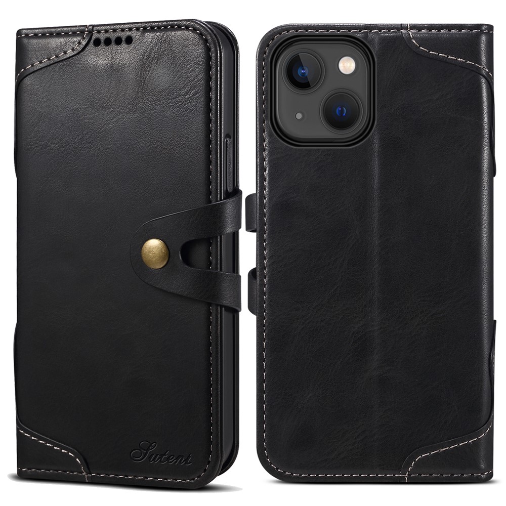 SUTENI 234 Series Solid Color Phone Case Button Closure TPU+PU Leather Wallet Flip Phone Cover for iPhone 13 mini 5.4 inch - Black