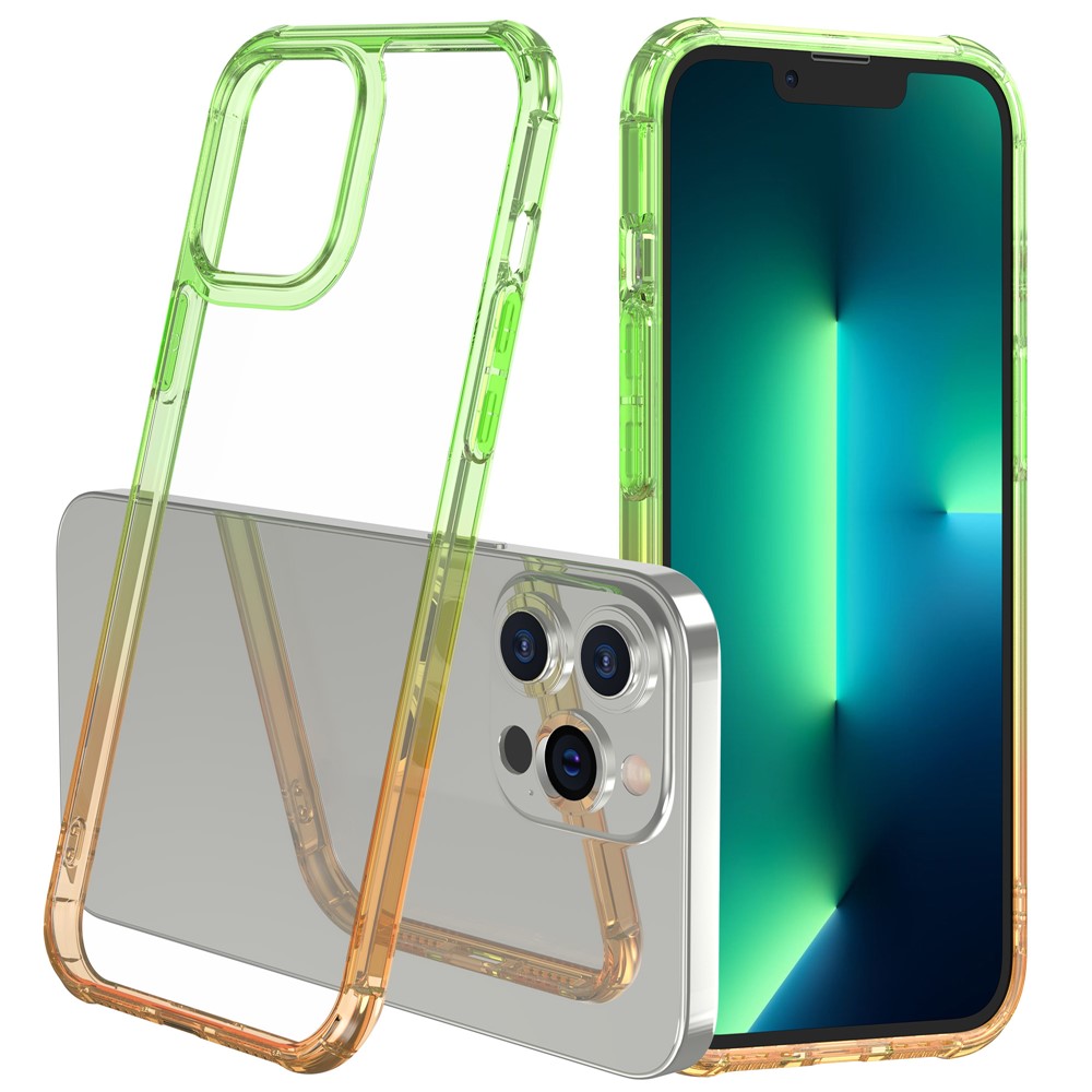 LEEU DESIGN TPU + Acrylic Phone Case with Sound Enhancement Gradient Color Transparent Phone Cover for iPhone 13 Pro 6.1 inch - Green/Orange-1
