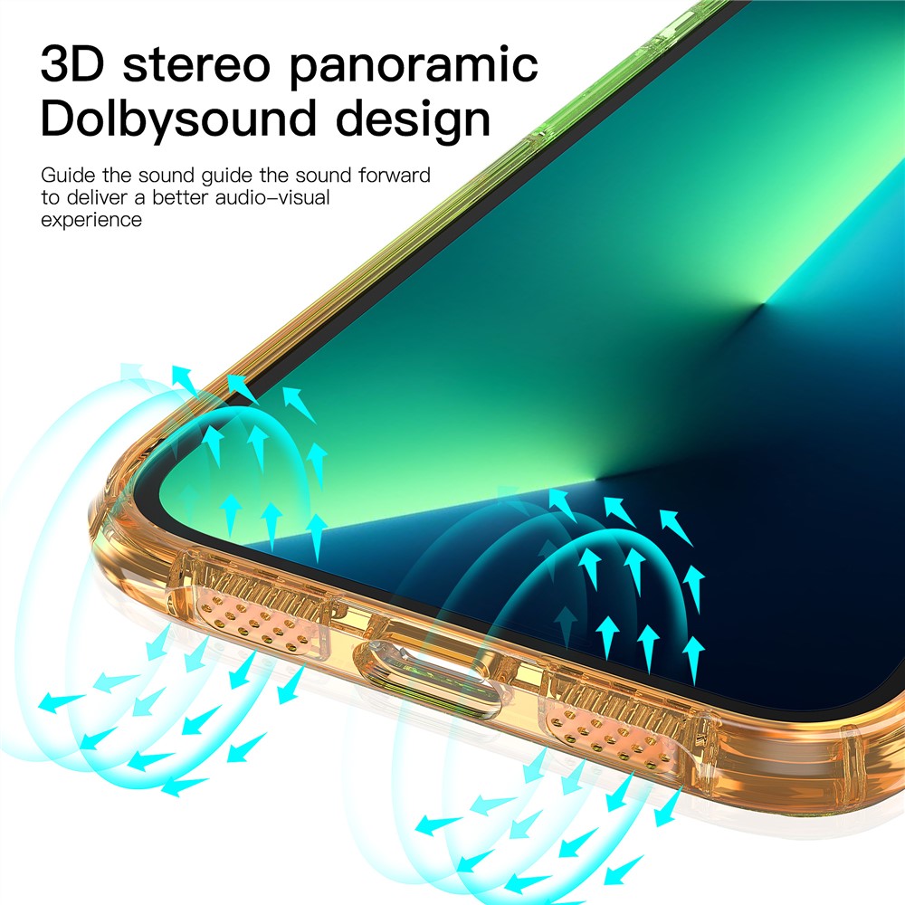 LEEU DESIGN TPU + Acrylic Phone Case with Sound Enhancement Gradient Color Transparent Phone Cover for iPhone 13 Pro 6.1 inch - Green/Orange-4