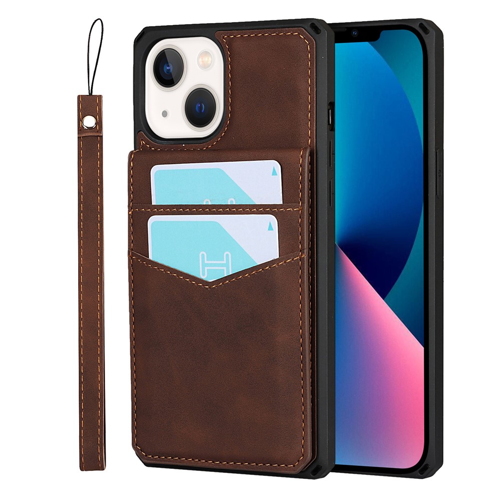 Vertical Flip Card Slots Design Wrist Strap Skin-Touch PU Leather Coated TPU Phone Case with Kickstand for iPhone 13 mini 5.4 inch - Brown