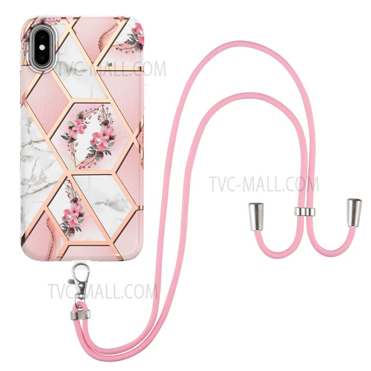 Electroplating IMD IML Marble Flower Pattern Case Shoulder Strap Design Soft TPU Shockproof Phone Shell for iPhone XS Max 6.5 inch - Pink Flowers-1