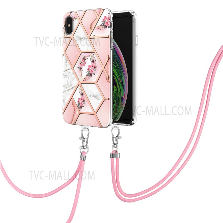 Electroplating IMD IML Marble Flower Pattern Case Shoulder Strap Design Soft TPU Shockproof Phone Shell for iPhone XS Max 6.5 inch - Pink Flowers-2