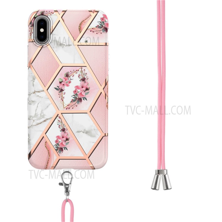 Electroplating IMD IML Marble Flower Pattern Case Shoulder Strap Design Soft TPU Shockproof Phone Shell for iPhone XS Max 6.5 inch - Pink Flowers-3