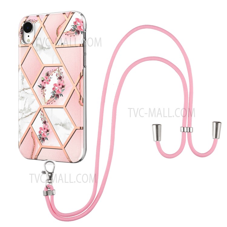 Shoulder Strap IMD IML Marble Flower Pattern Case Electroplating Soft TPU Well-protected Phone Shell for iPhone XR 6.1 inch - Pink Flowers-1