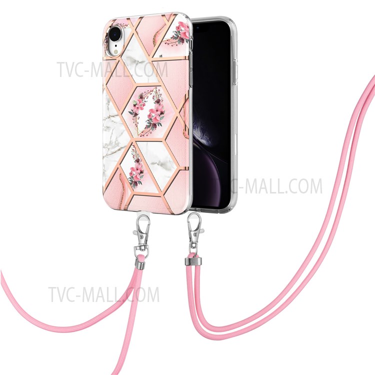 Shoulder Strap IMD IML Marble Flower Pattern Case Electroplating Soft TPU Well-protected Phone Shell for iPhone XR 6.1 inch - Pink Flowers-2