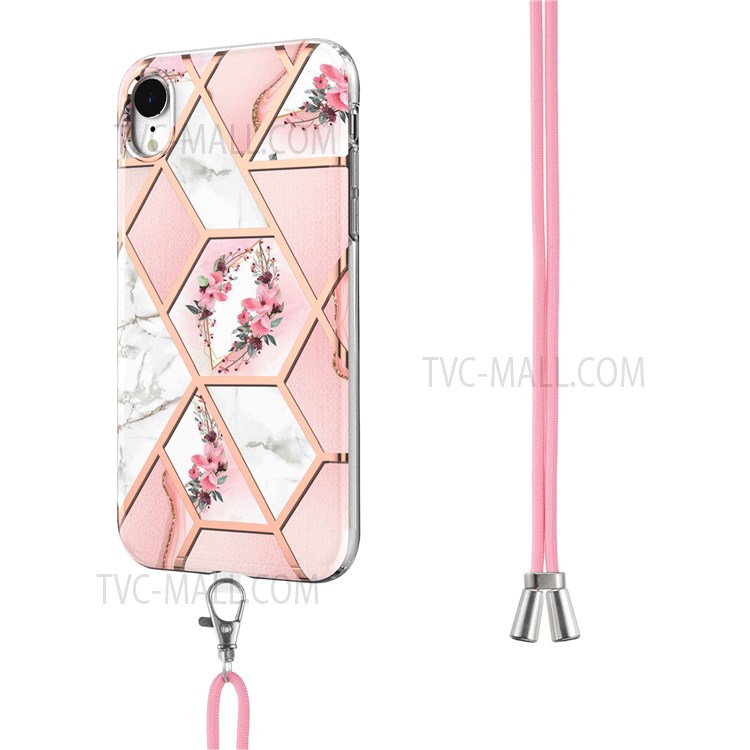 Shoulder Strap IMD IML Marble Flower Pattern Case Electroplating Soft TPU Well-protected Phone Shell for iPhone XR 6.1 inch - Pink Flowers-3