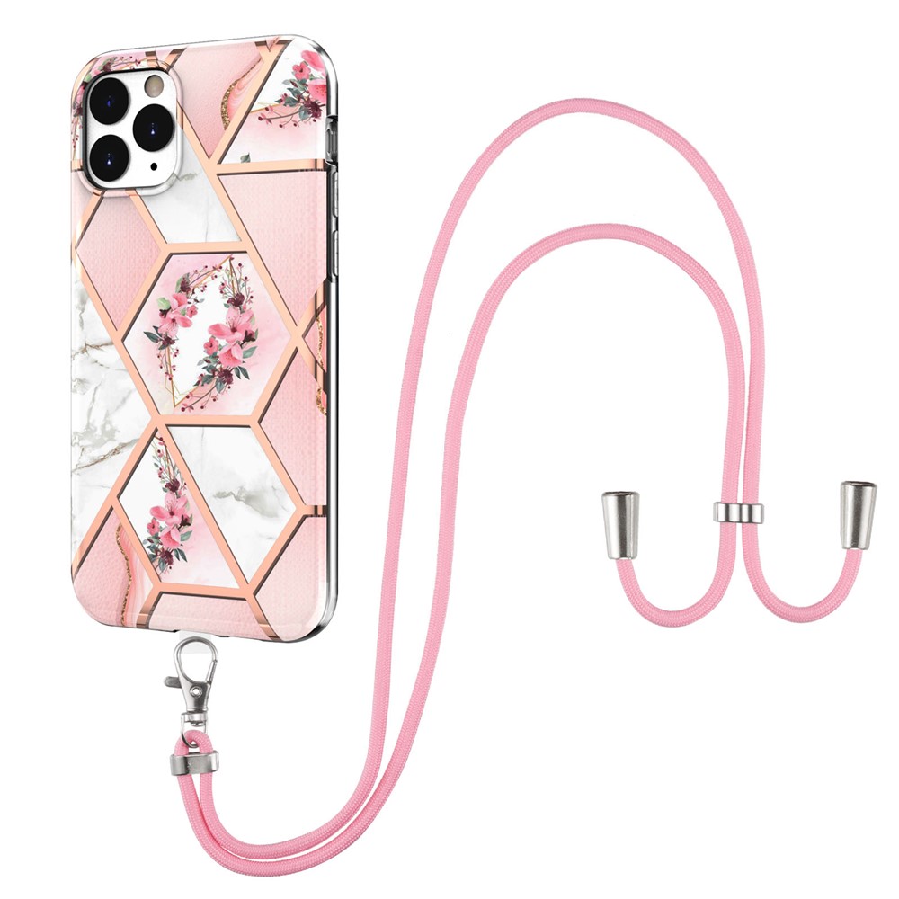 Shoulder Strap Anti-drop Marble Flower Pattern Case IMD IML Electroplating Soft TPU Protective Shell for iPhone 11 Pro Max 6.5 inch - Pink Flowers-1