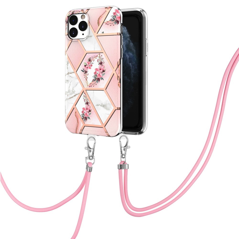 Shoulder Strap Anti-drop Marble Flower Pattern Case IMD IML Electroplating Soft TPU Protective Shell for iPhone 11 Pro Max 6.5 inch - Pink Flowers-2