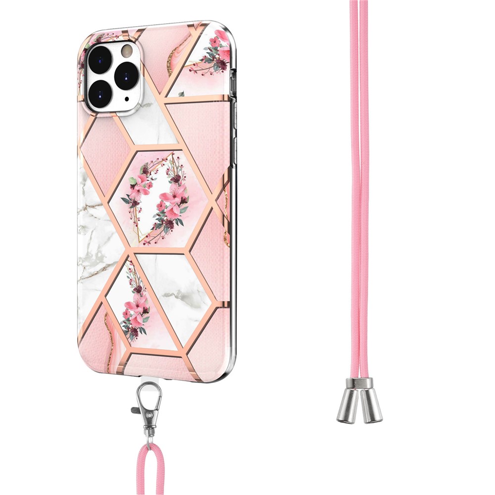 Shoulder Strap Anti-drop Marble Flower Pattern Case IMD IML Electroplating Soft TPU Protective Shell for iPhone 11 Pro Max 6.5 inch - Pink Flowers-3