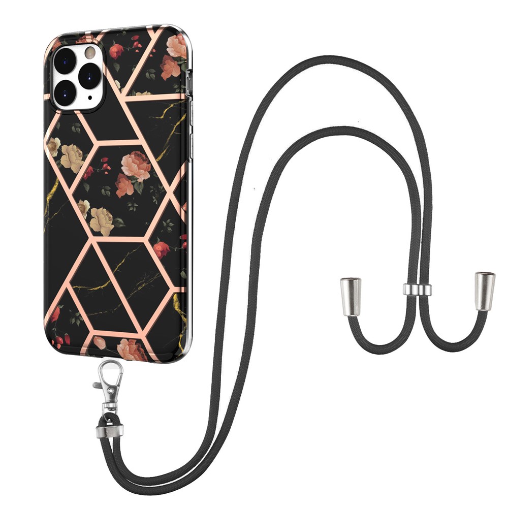 Shoulder Strap Marble Flower Pattern Series IMD IML Electroplating Anti-fall Soft TPU Protective Case Shell for iPhone 11 Pro 5.8 inch - Black Flowers-1