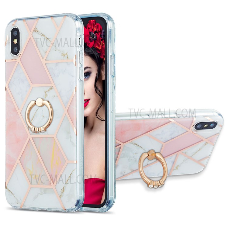 TPU Phone Cover with Kickstand 360 Degrees Rotary 2.0mm Electroplating IMD IML Marble Pattern Case for iPhone XS Max 6.5 inch - Pink/White-1