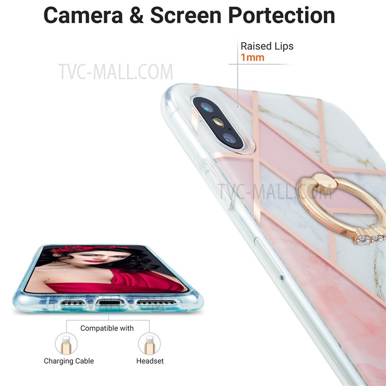 TPU Phone Cover with Kickstand 360 Degrees Rotary 2.0mm Electroplating IMD IML Marble Pattern Case for iPhone XS Max 6.5 inch - Pink/White-3