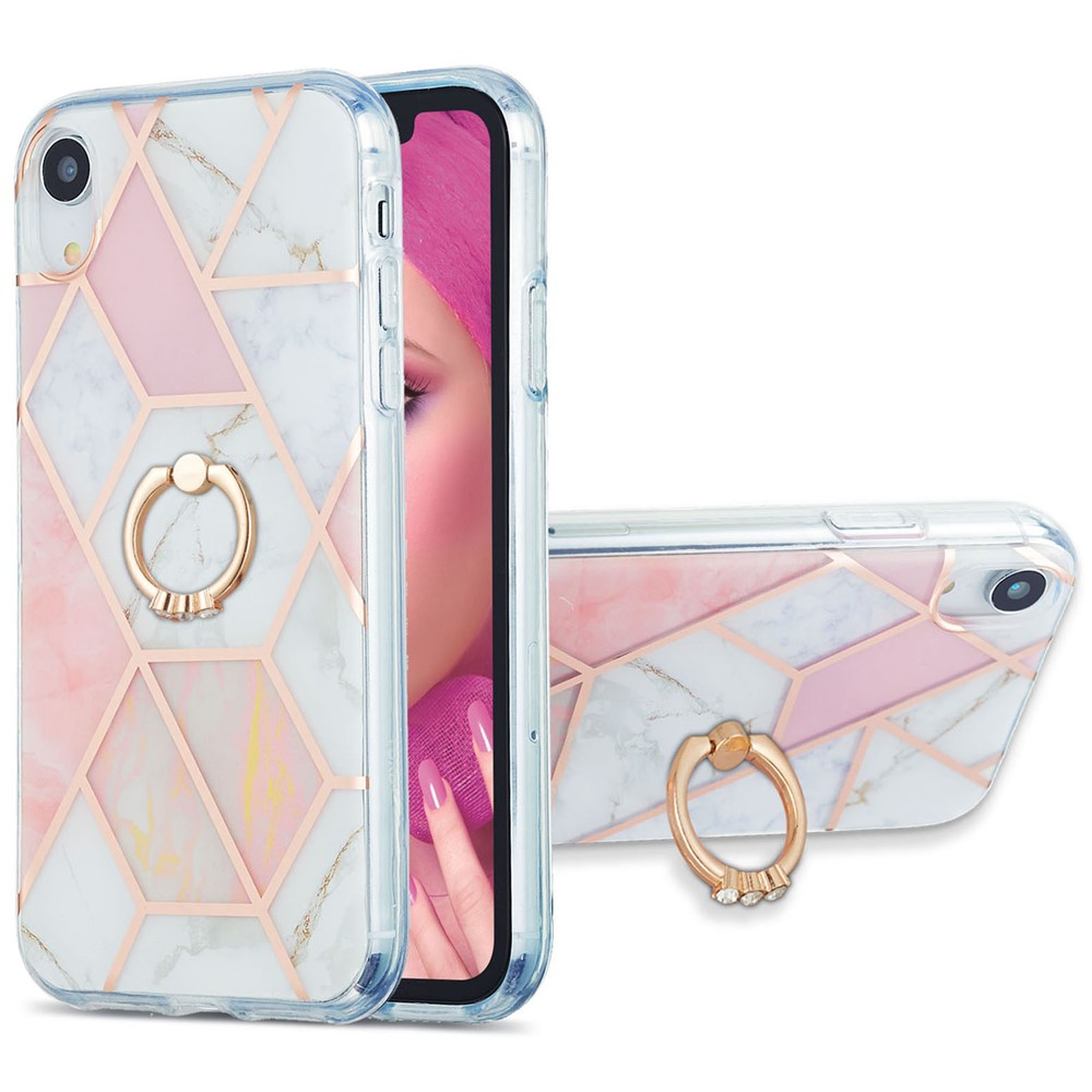 Rotary Kickstand TPU Phone Cover Electroplating Marble Pattern Super Tough 2.0mm IMD IML Case for iPhone XR 6.1 inch - Pink/White-1