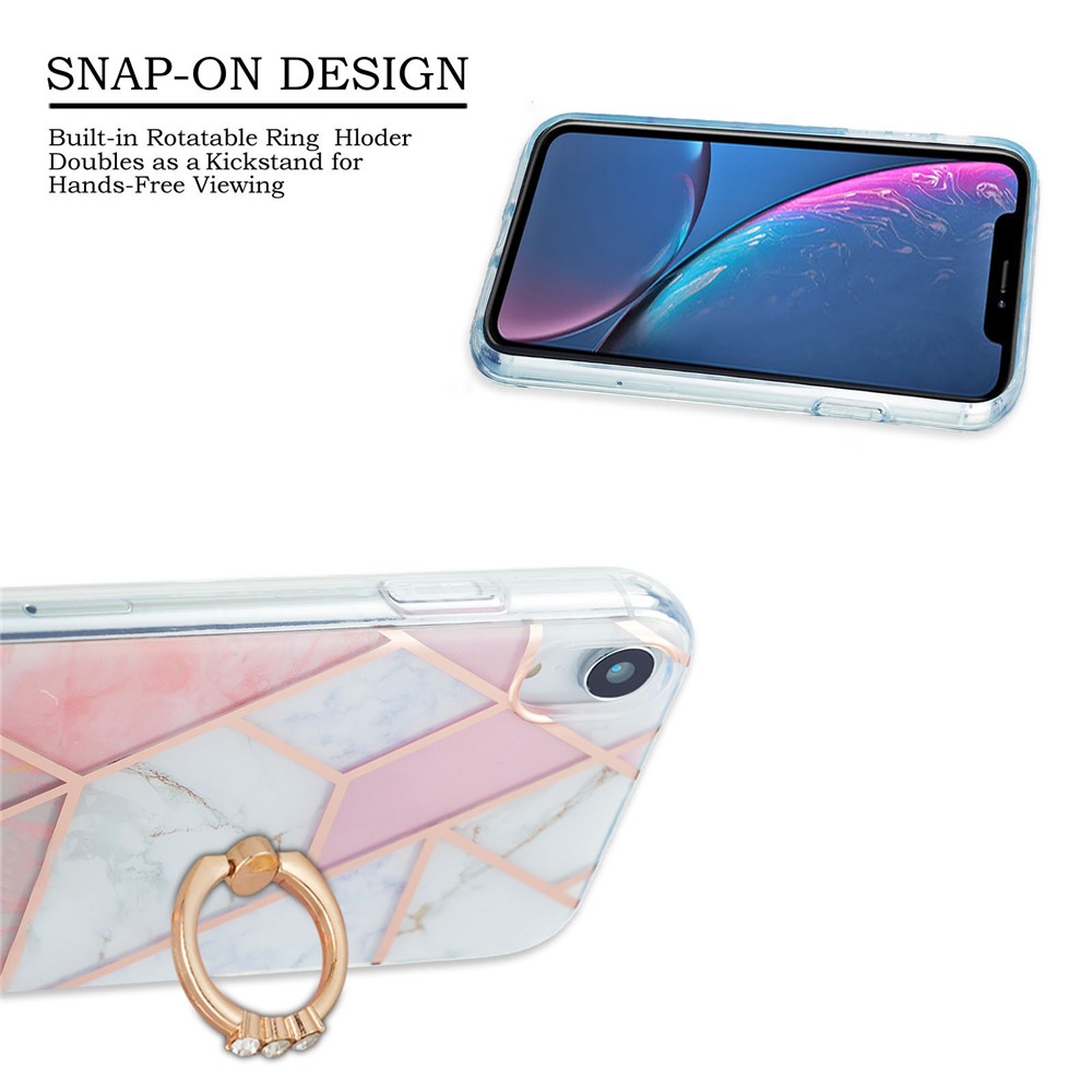 Rotary Kickstand TPU Phone Cover Electroplating Marble Pattern Super Tough 2.0mm IMD IML Case for iPhone XR 6.1 inch - Pink/White-2