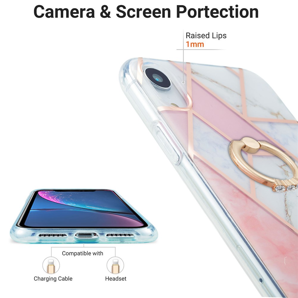 Rotary Kickstand TPU Phone Cover Electroplating Marble Pattern Super Tough 2.0mm IMD IML Case for iPhone XR 6.1 inch - Pink/White-3