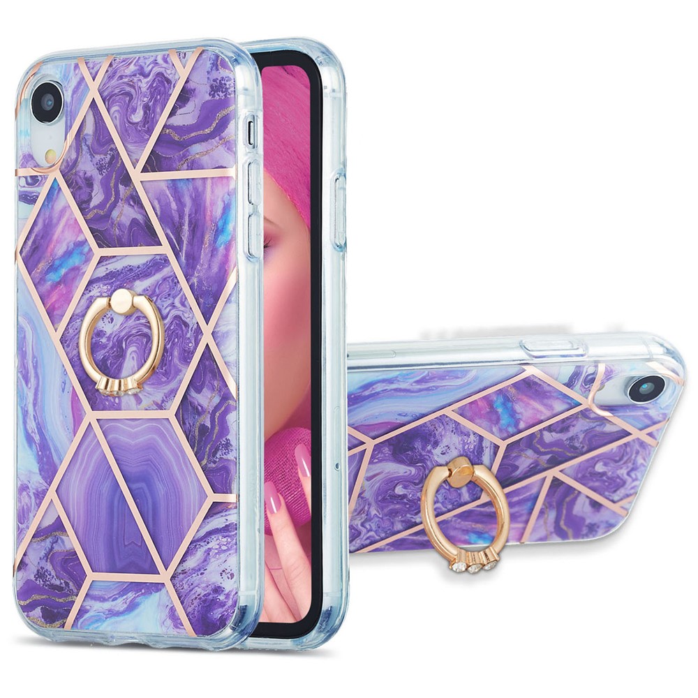 Rotary Kickstand TPU Phone Cover Electroplating Marble Pattern Super Tough 2.0mm IMD IML Case for iPhone XR 6.1 inch - Dark Purple