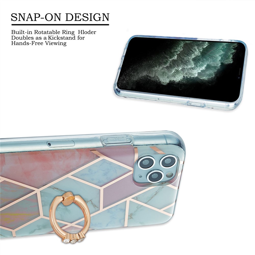 TPU Phone Rotary Kickstand Cover Super Slim 2.0mm Marble Pattern Anti-Drop Electroplating IMD IML Case for iPhone 11 Pro Max 6.5 inch - Pink/White-2