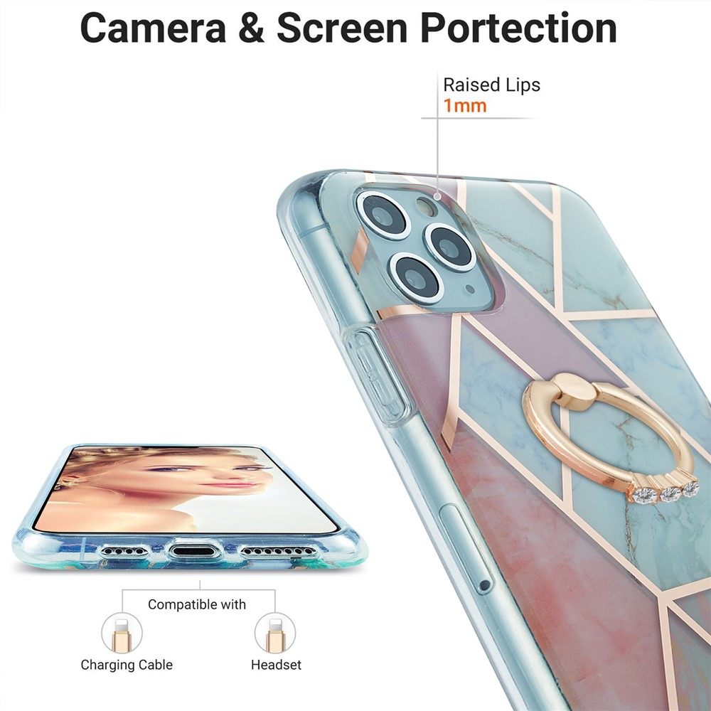 TPU Phone Rotary Kickstand Cover Super Slim 2.0mm Marble Pattern Anti-Drop Electroplating IMD IML Case for iPhone 11 Pro Max 6.5 inch - Pink/White-3