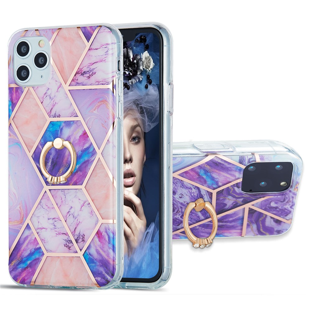 TPU Phone Rotary Kickstand Cover Super Slim 2.0mm Marble Pattern Anti-Drop Electroplating IMD IML Case for iPhone 11 Pro Max 6.5 inch - Light Purple