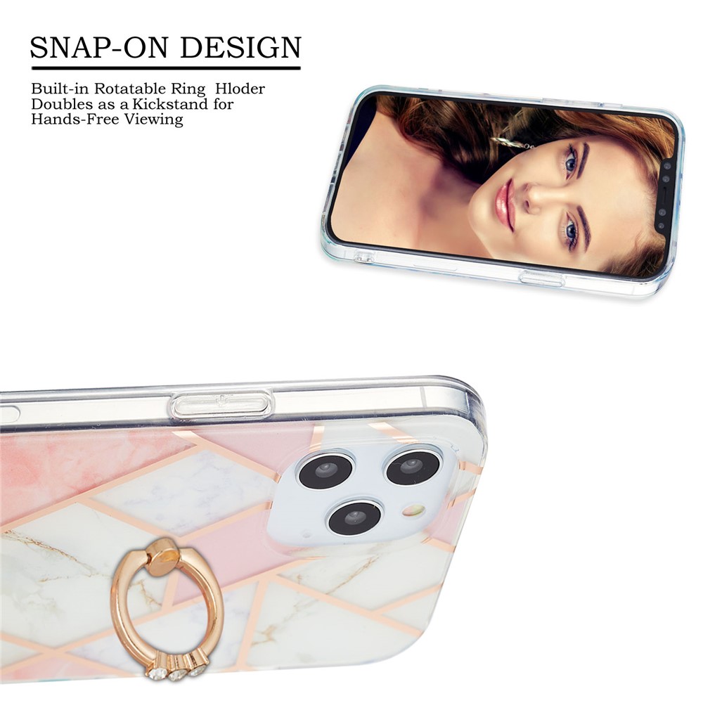 TPU Phone Rotary Kickstand Cover Ultra Lightweight 2.0mm Marble Pattern IMD IML Electroplating Case for iPhone 12 Pro Max 6.7 inch - Pink/White-2
