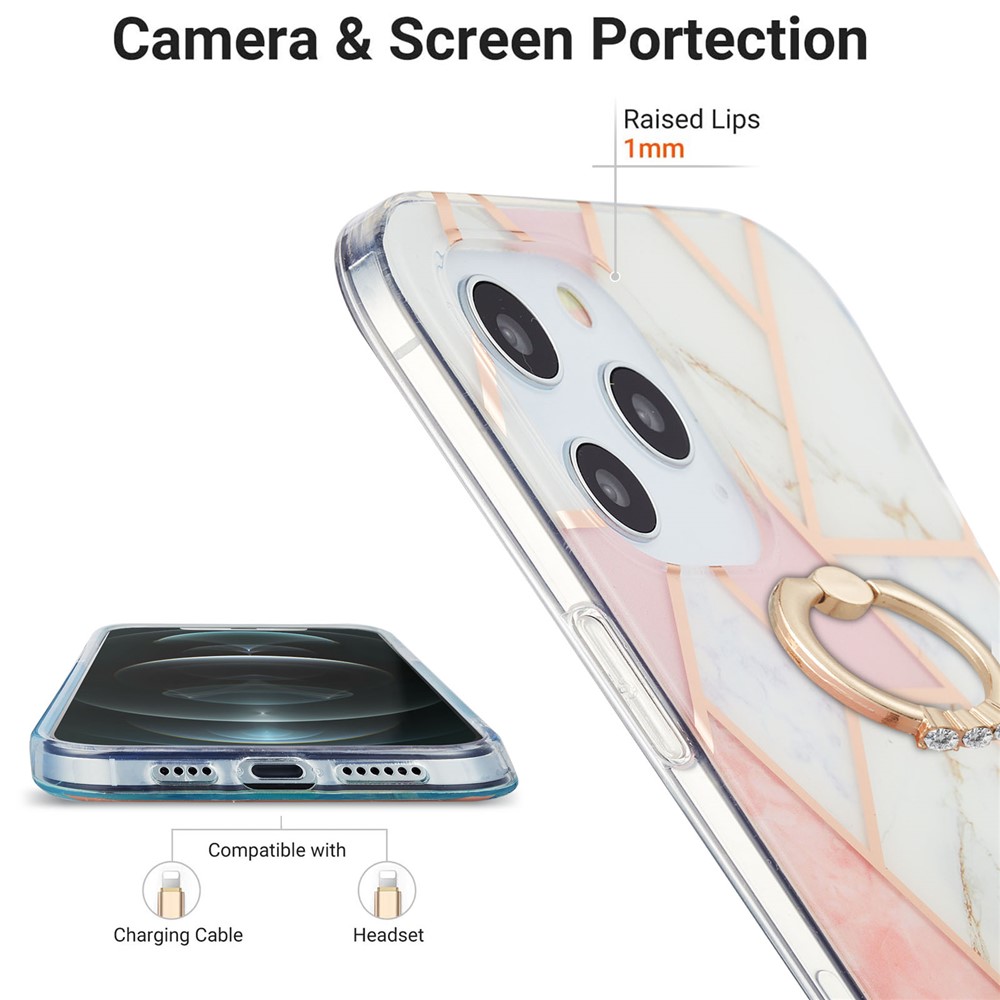 TPU Phone Rotary Kickstand Cover Ultra Lightweight 2.0mm Marble Pattern IMD IML Electroplating Case for iPhone 12 Pro Max 6.7 inch - Pink/White-3