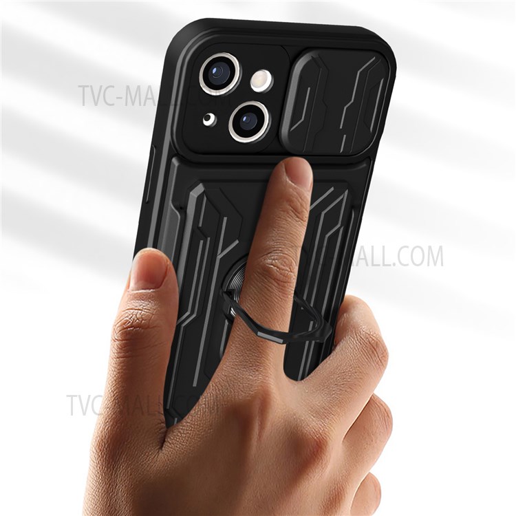 Ring Kickstand Design Sliding Camera Protector PC + TPU Phone Cover Hybrid Case with Detachable Pushing Card Slot for iPhone 13 mini 5.4 inch - Red-10