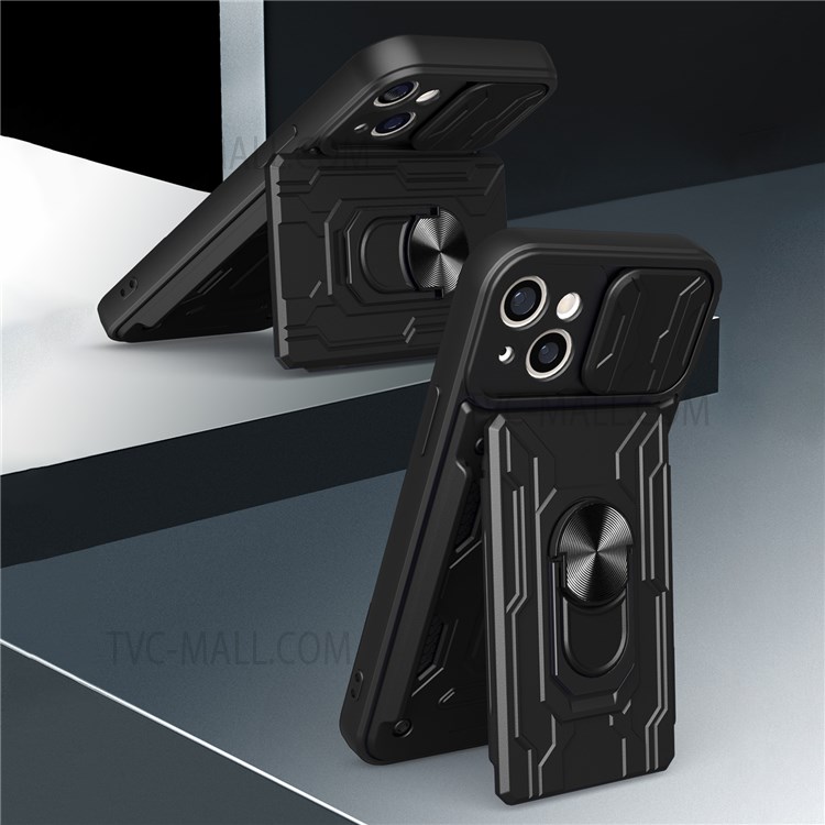 Ring Kickstand Design Sliding Camera Protector PC + TPU Phone Cover Hybrid Case with Detachable Pushing Card Slot for iPhone 13 mini 5.4 inch - Red-2