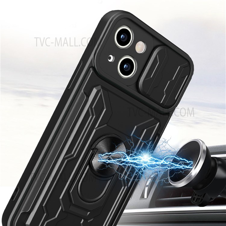 Ring Kickstand Design Sliding Camera Protector PC + TPU Phone Cover Hybrid Case with Detachable Pushing Card Slot for iPhone 13 mini 5.4 inch - Red-6