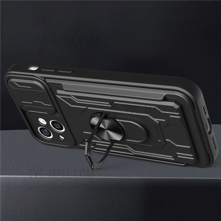 Ring Kickstand Design Sliding Camera Protector PC + TPU Phone Cover Hybrid Case with Detachable Pushing Card Slot for iPhone 13 mini 5.4 inch - Red-7