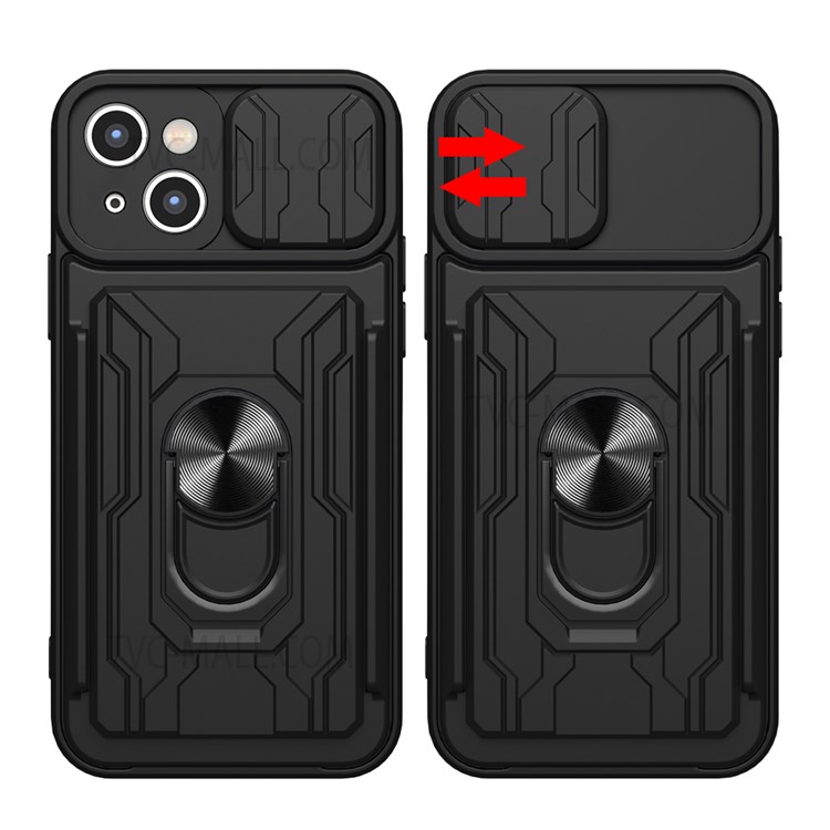 Ring Kickstand Design Sliding Camera Protector PC + TPU Phone Cover Hybrid Case with Detachable Pushing Card Slot for iPhone 13 mini 5.4 inch - Red-8