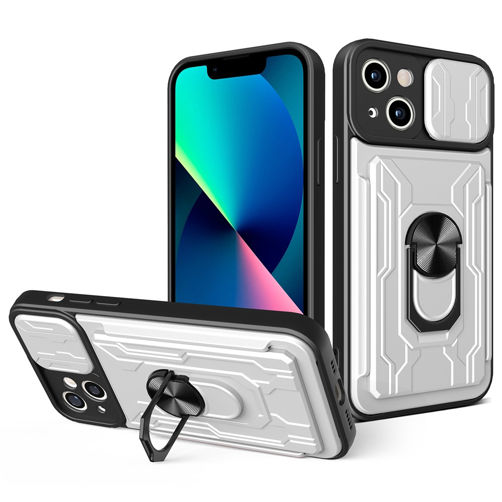 Camera Slide Cover PC + TPU Shockproof Hybrid Phone Case with Detachable Card Slot and Kickstand for iPhone 13 6.1 inch - White-1