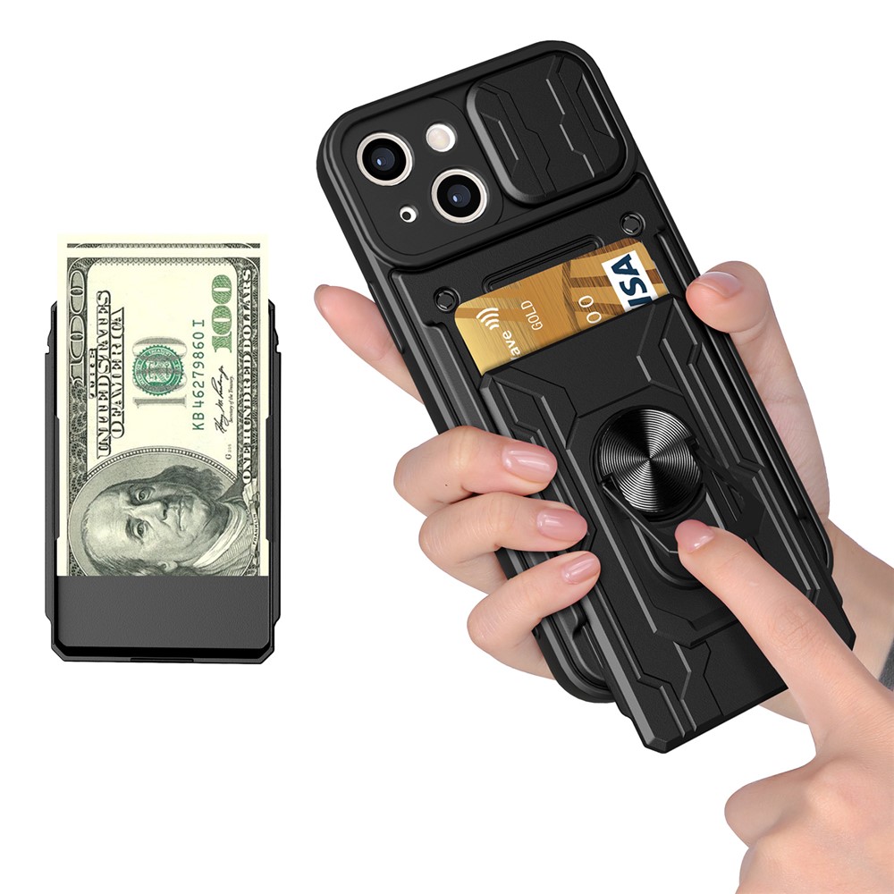 Camera Slide Cover PC + TPU Shockproof Hybrid Phone Case with Detachable Card Slot and Kickstand for iPhone 13 6.1 inch - White-11