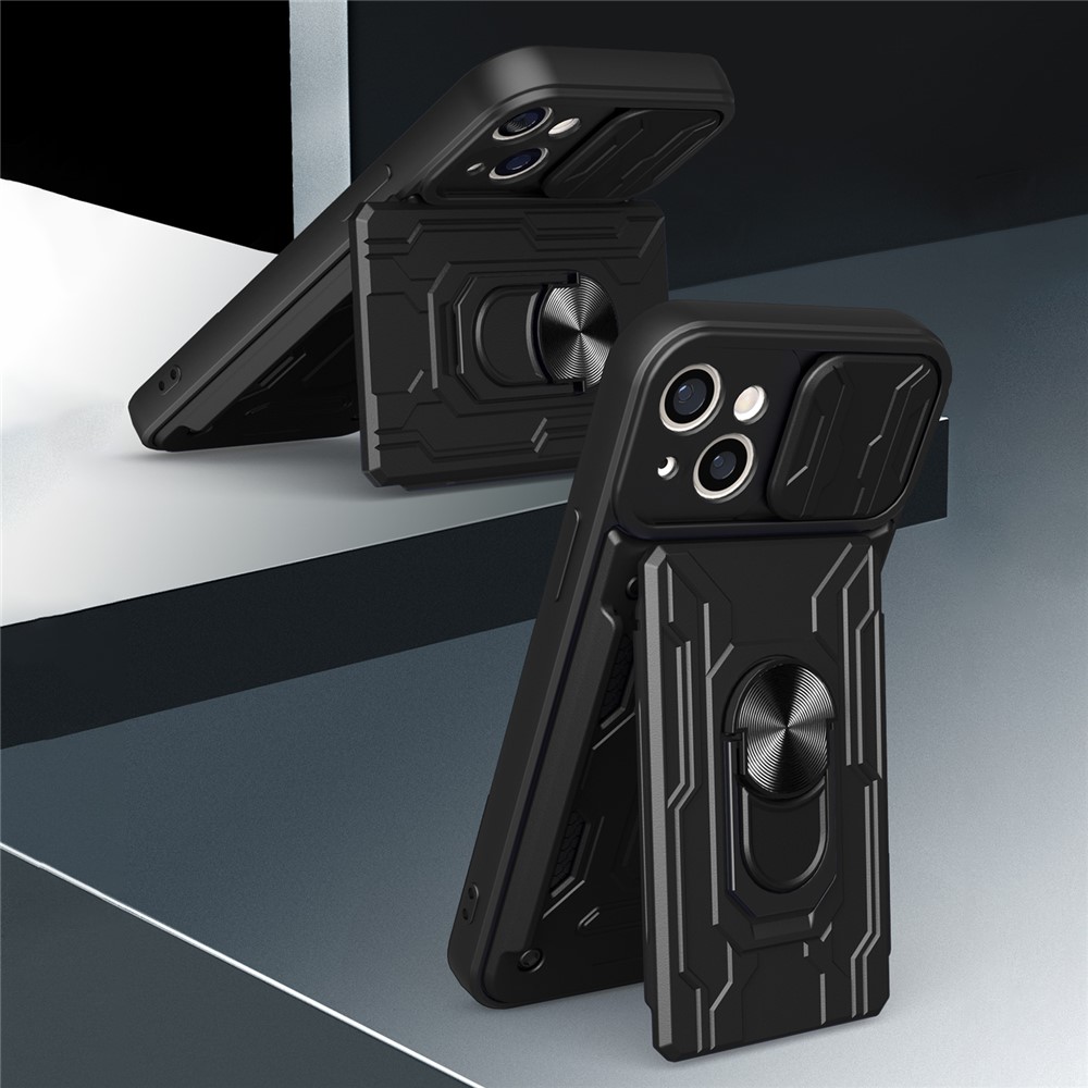 Camera Slide Cover PC + TPU Shockproof Hybrid Phone Case with Detachable Card Slot and Kickstand for iPhone 13 6.1 inch - White-2