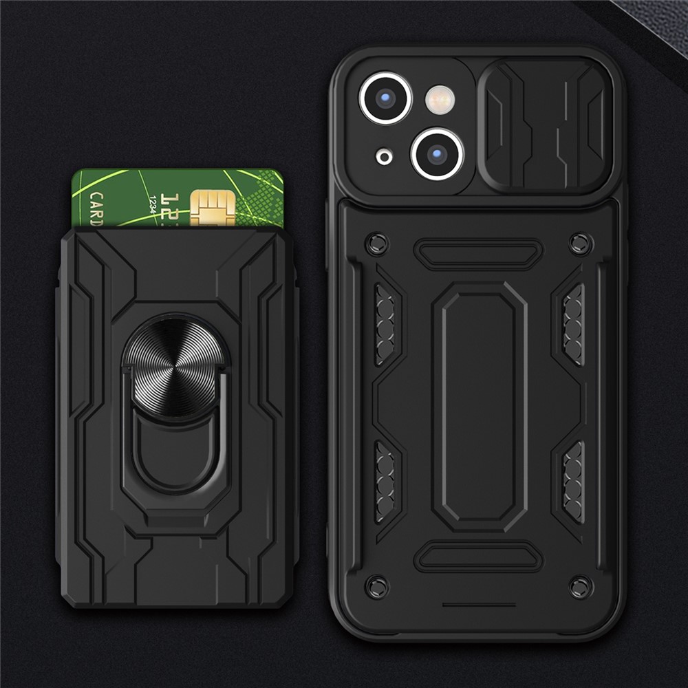 Camera Slide Cover PC + TPU Shockproof Hybrid Phone Case with Detachable Card Slot and Kickstand for iPhone 13 6.1 inch - White-5