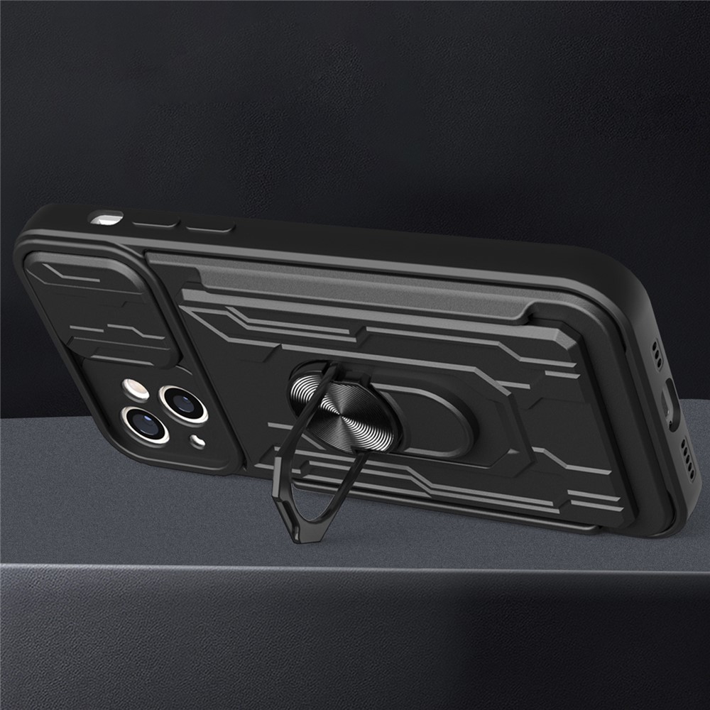 Camera Slide Cover PC + TPU Shockproof Hybrid Phone Case with Detachable Card Slot and Kickstand for iPhone 13 6.1 inch - White-7