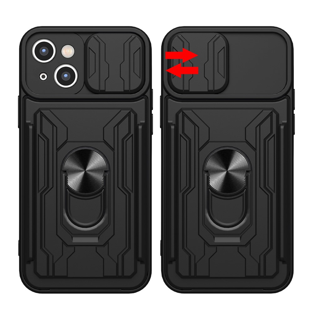 Camera Slide Cover PC + TPU Shockproof Hybrid Phone Case with Detachable Card Slot and Kickstand for iPhone 13 6.1 inch - White-8