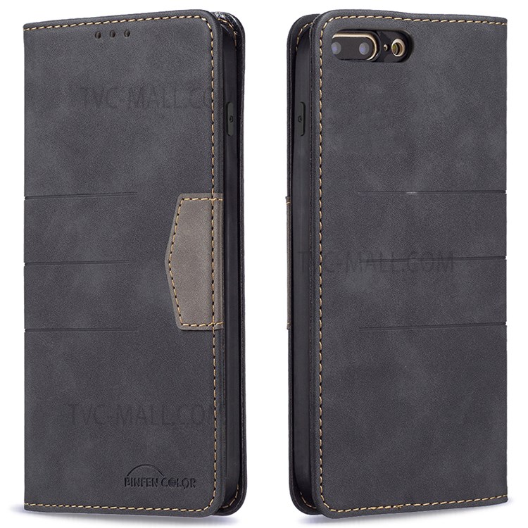 BINFEN COLOR Anti-fingerprint Mobile Phone Cover Auto-absorption Anti-dust Phone Case Splicing Leather Wallet Shell for iPhone 8 Plus/7 Plus 5.5 inch - Black-1