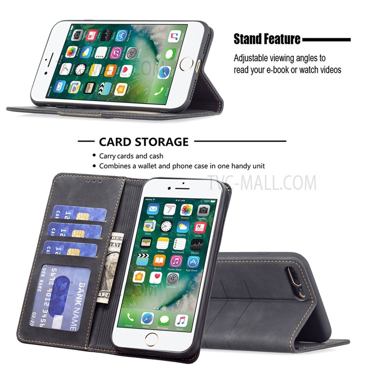 BINFEN COLOR Anti-fingerprint Mobile Phone Cover Auto-absorption Anti-dust Phone Case Splicing Leather Wallet Shell for iPhone 8 Plus/7 Plus 5.5 inch - Black-2