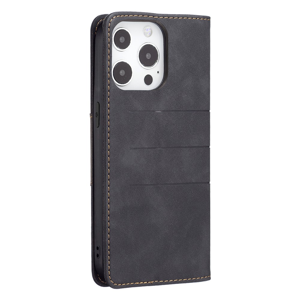BINFEN COLOR Auto-absorbed Flip Phone Case Wallet Function Stand Design TPU+PU Leather Phone Covering Shell for iPhone 13 Pro 6.1 inch - Black-5