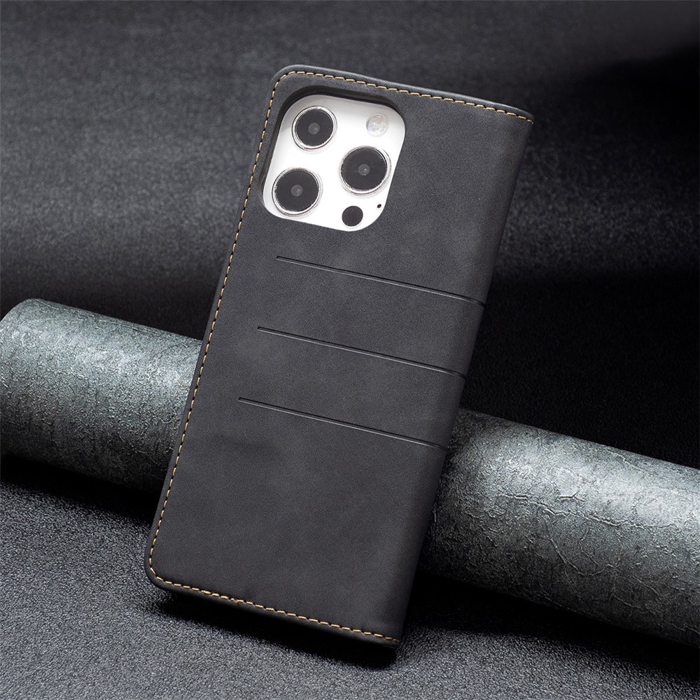BINFEN COLOR Auto-absorbed Flip Phone Case Wallet Function Stand Design TPU+PU Leather Phone Covering Shell for iPhone 13 Pro 6.1 inch - Black-8