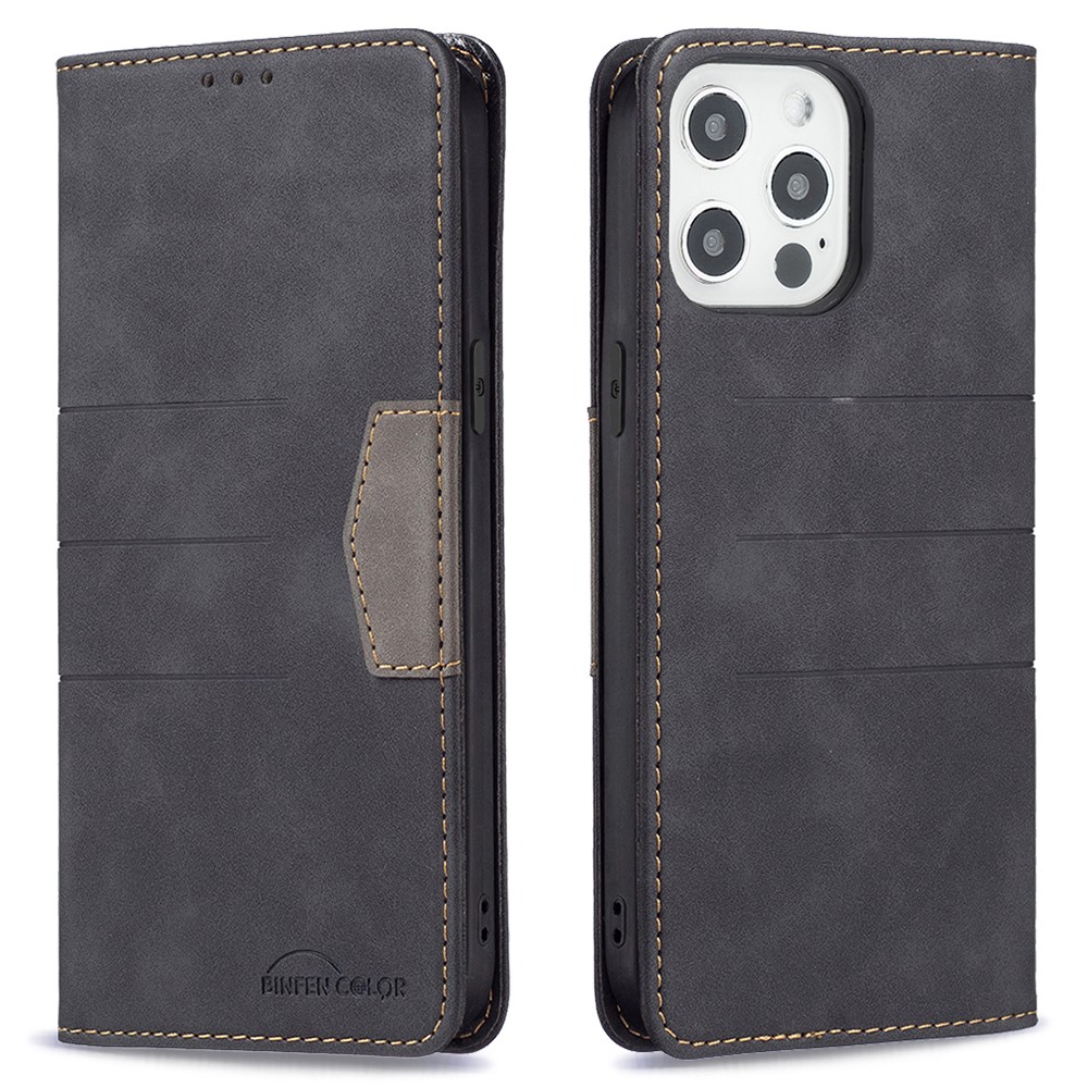 BINFEN COLOR Flip Phone Covering Shell Magnetic Bi-color TPU+PU Leather Phone Case Wallet Function Stand Design for iPhone 12 Pro Max 6.7 inch - Black-1