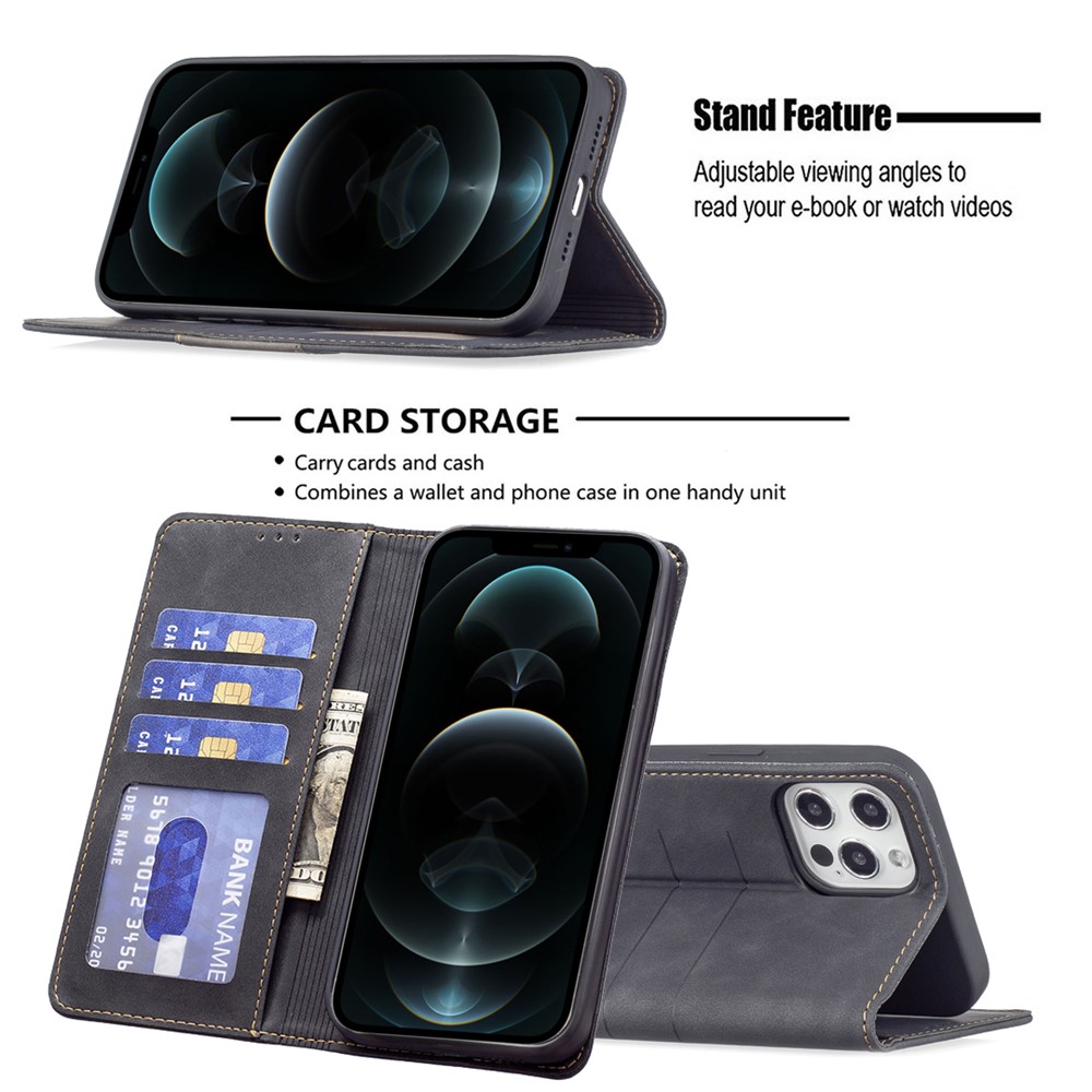 BINFEN COLOR Flip Phone Covering Shell Magnetic Bi-color TPU+PU Leather Phone Case Wallet Function Stand Design for iPhone 12 Pro Max 6.7 inch - Black-2