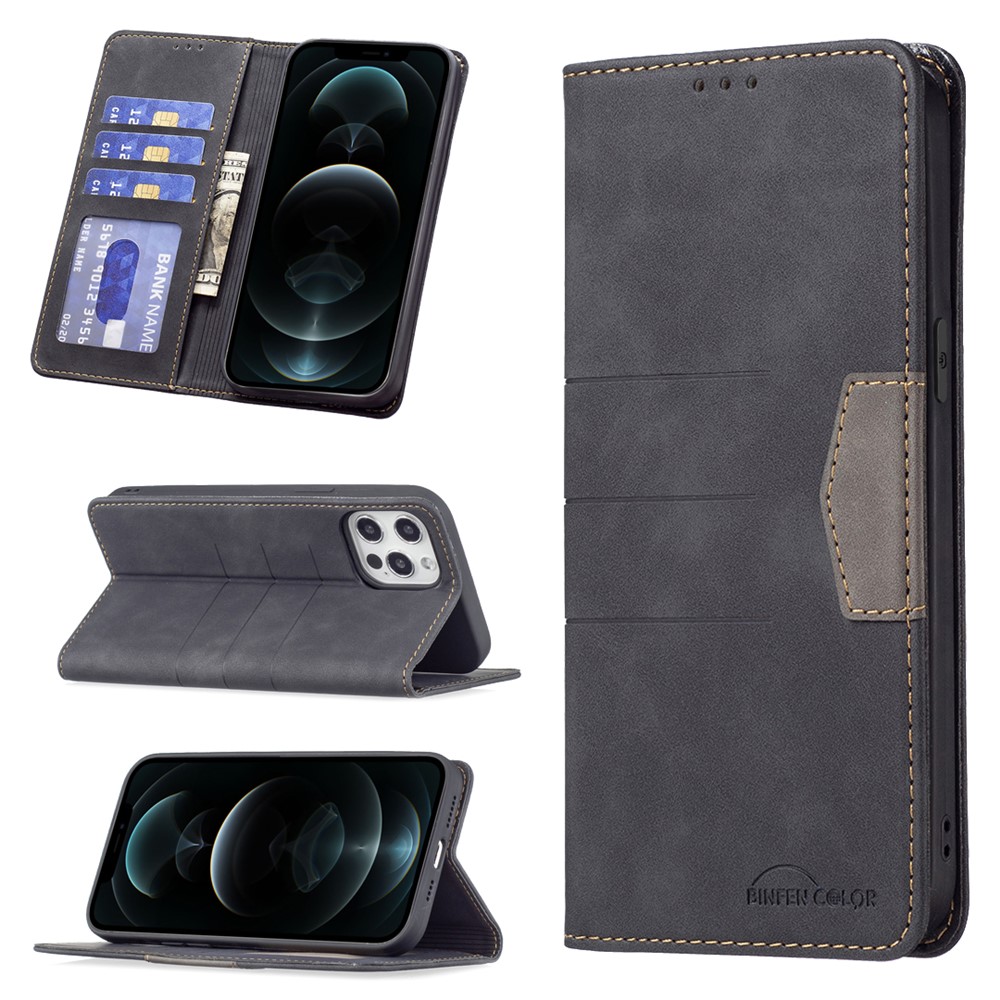 BINFEN COLOR Flip Phone Covering Shell Magnetic Bi-color TPU+PU Leather Phone Case Wallet Function Stand Design for iPhone 12 Pro Max 6.7 inch - Black-6