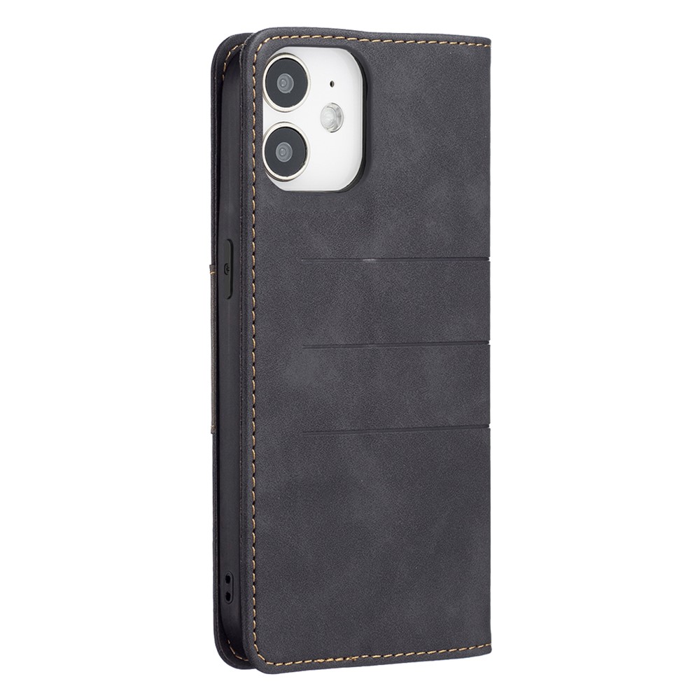 BINFEN COLOR Stand Design Lightweight Splicing Style Flip Phone Covering Shell Wallet TPU+PU Leather Phone Case for iPhone 12 mini 5.4 inch - Black-5